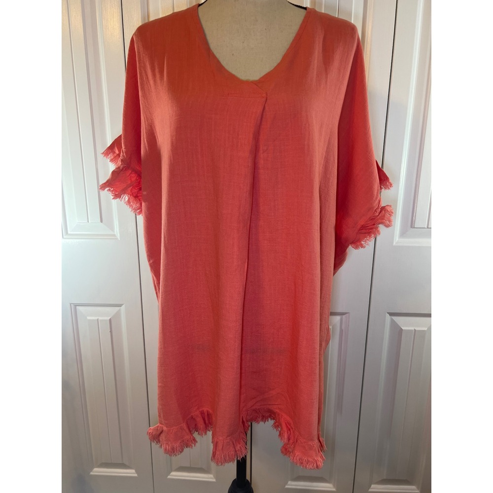 Umgee USA Coral Pink Linen Blend Frayed Fringe Tunic Dress XL Boho V-Neck